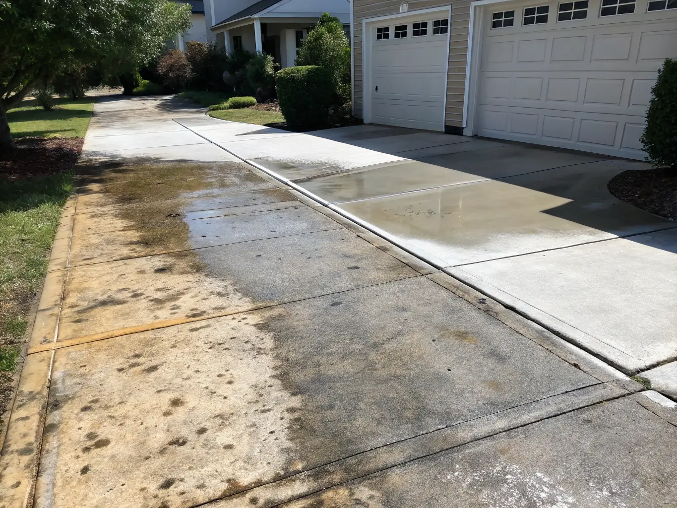 A split image showing a surface before power washing (covered in grime) and after power washing (clean and bright).