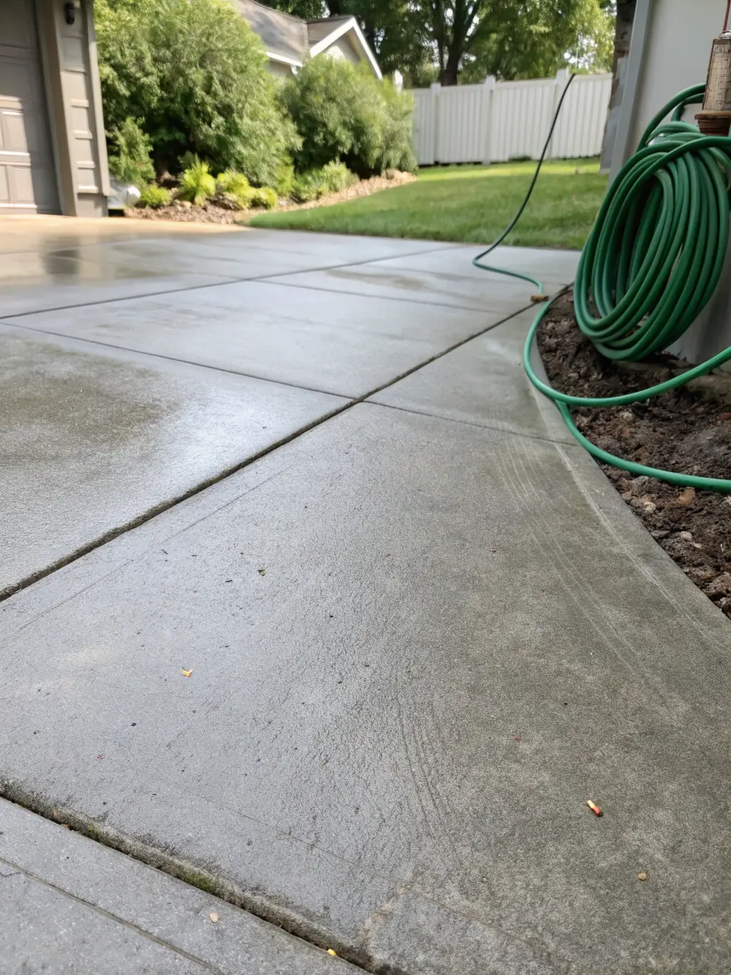 A concrete driveway with a clear line separating the clean, power-washed section from the dirty, untreated section, highlighting the dramatic cleaning effect.