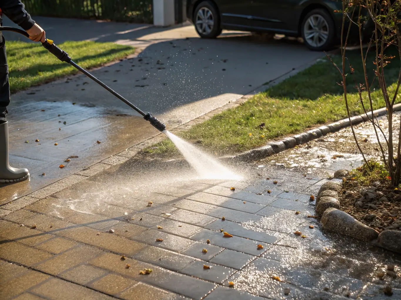 A close-up of a dirty driveway being power washed, showing the immediate removal of stains and grime, restoring the concrete to its original condition.