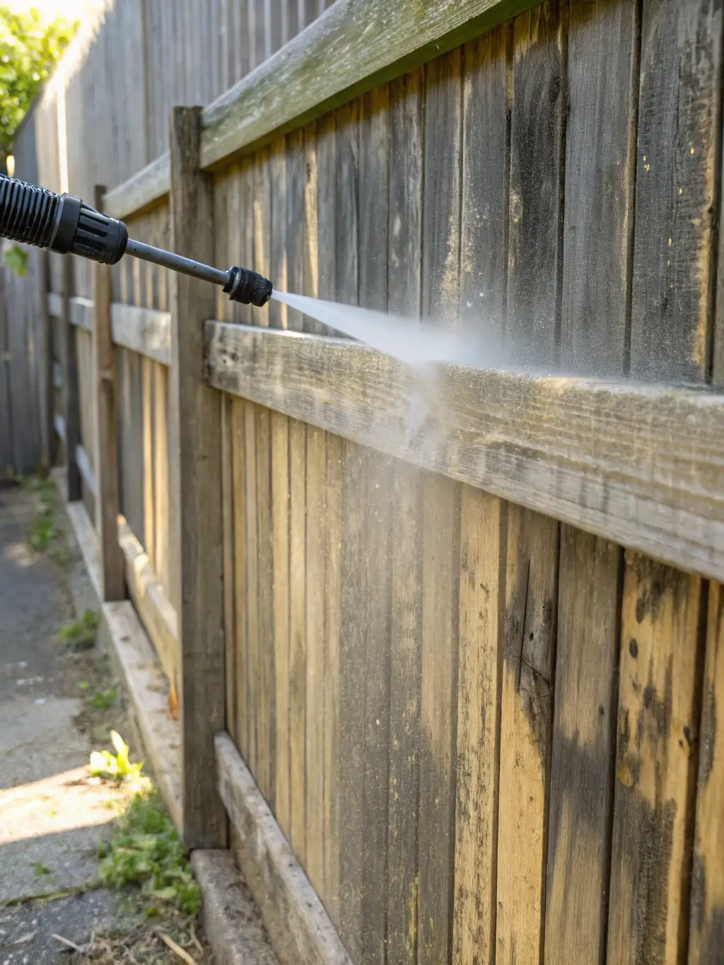A wooden deck before and after power washing, clearly showing the removal of mold, mildew, and dirt, restoring the wood's natural color.