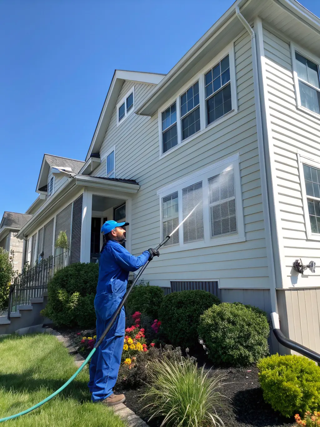 A residential house with vinyl siding being power washed, showing the clean and bright result on one half and the dirty original on the other half, demonstrating the effectiveness of the service.