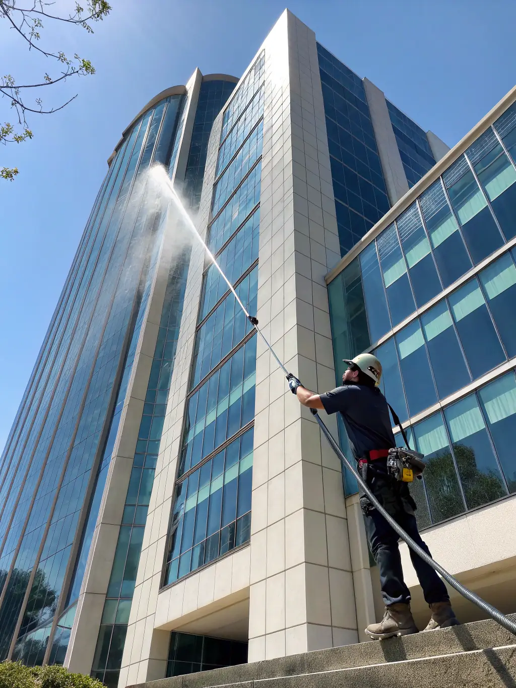 A commercial building's exterior being power washed, with emphasis on the clean and professional appearance achieved after the service.