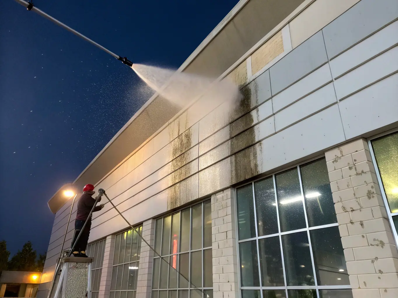 A commercial building facade being power washed, highlighting the removal of grime and pollutants, restoring the building's professional appearance.